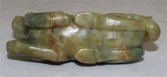 A Chinese mottled grey jade figure of a recumbent horse, 18th / 19th century, 7.3cm